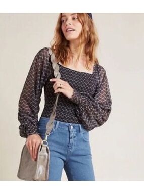Anthropologie ~ Smocked Square-Neck Long Sleeve Black Patterned Top